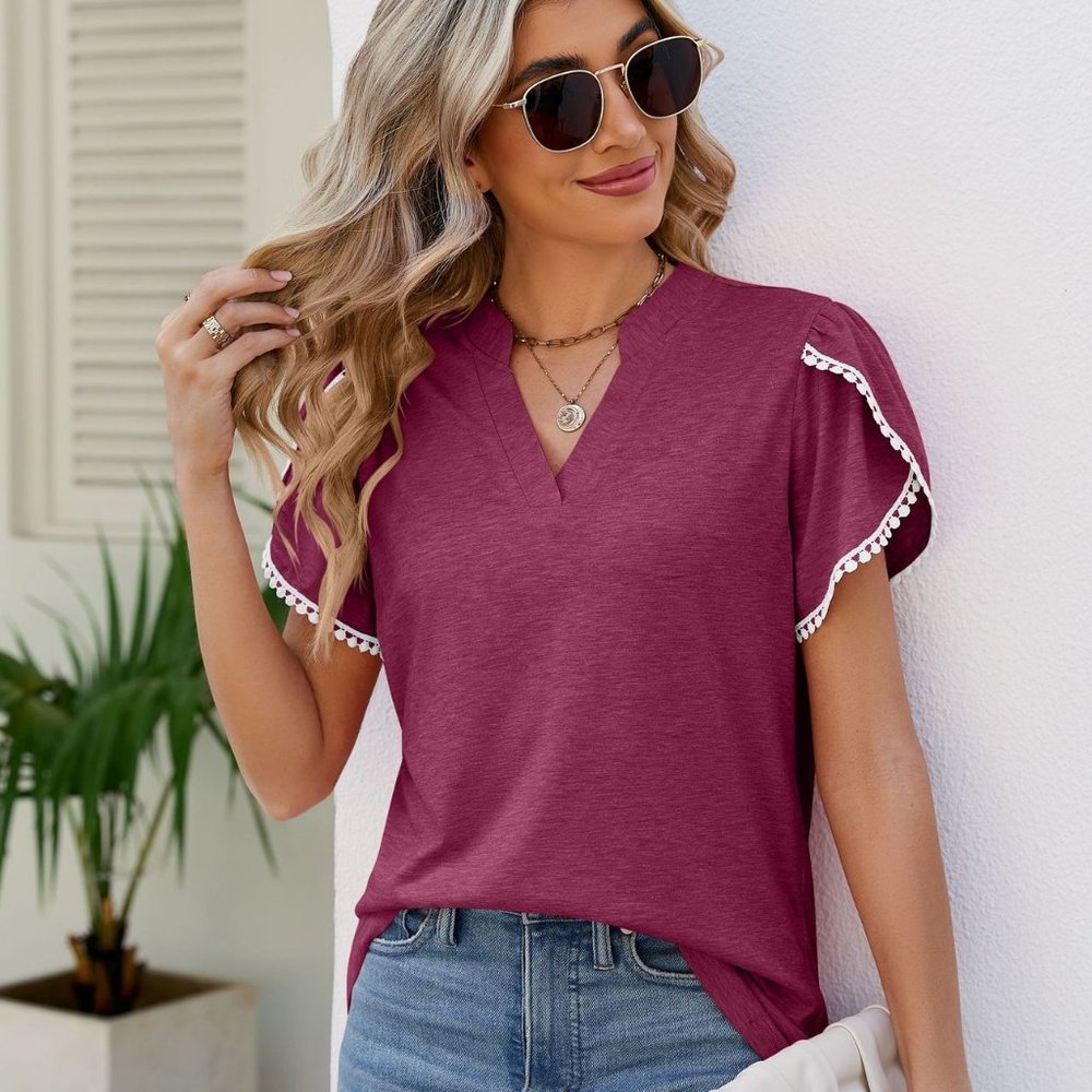 Pom-Pom Trim Petal Sleeve Notched Neck Top - Fuchsia